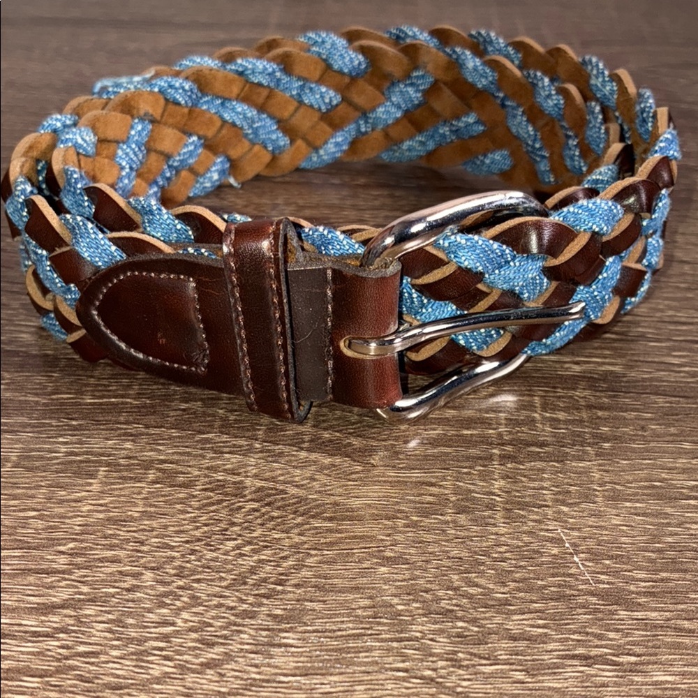 Ladies Vintage Y2K  Small Braided Leather and Blue Fabric Belt